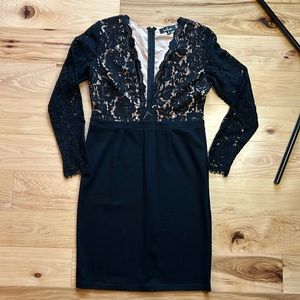 Lulus Black Nude Long Sleeve Lace Dress | XL